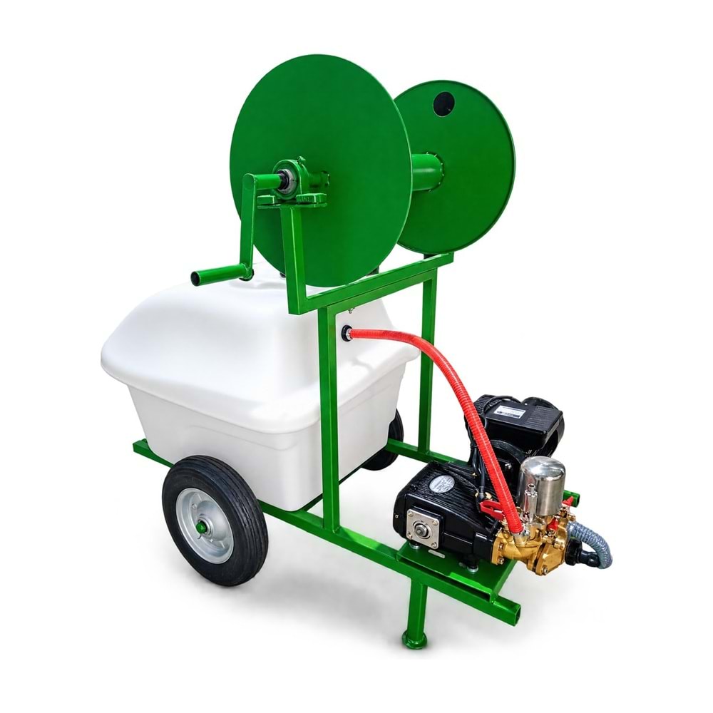 El Arabalı İlaçlama Makinesi – 200 L Plastik Depo / FN 30 Pompa / 2,2 kW Elektrik / Akuple / Makaralı