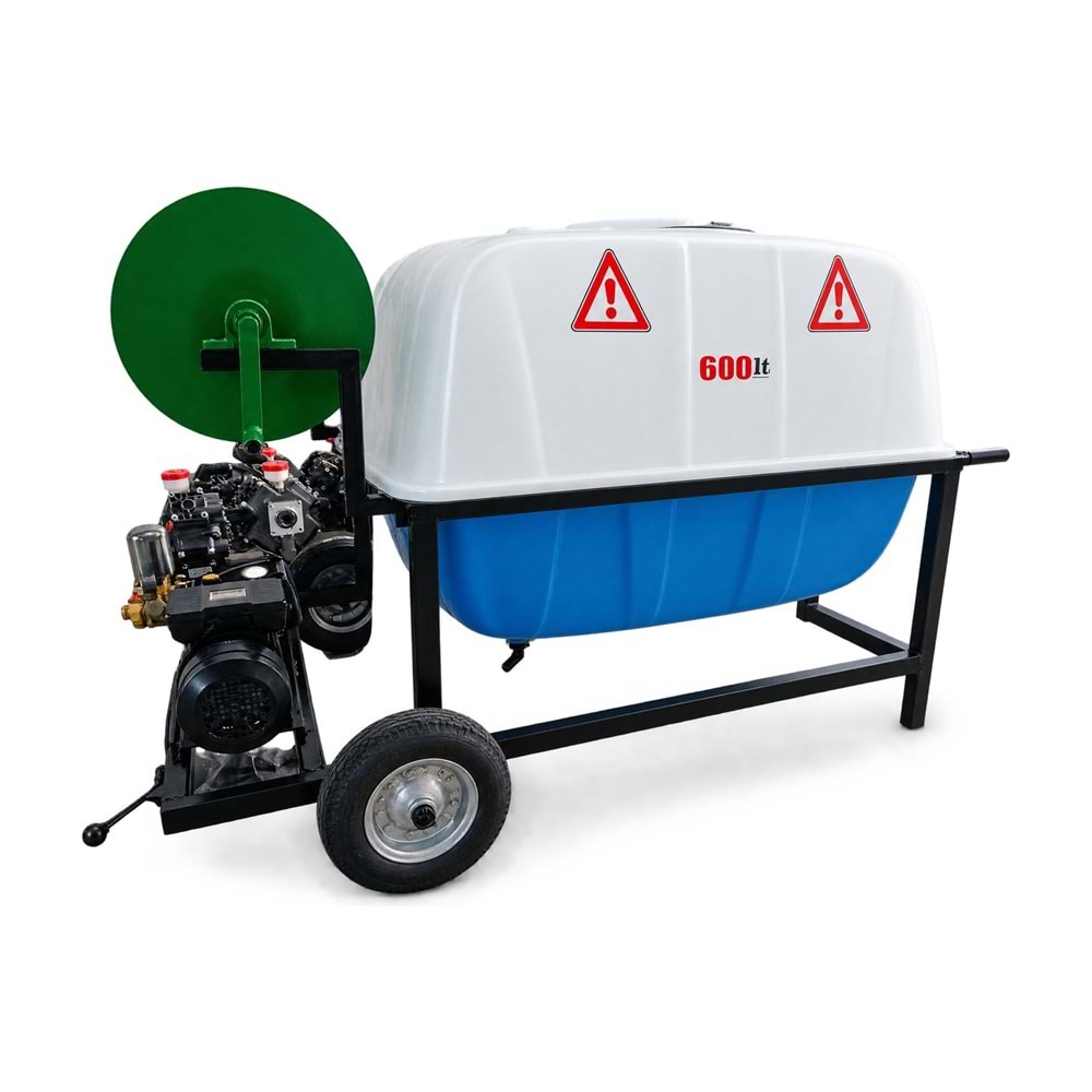 El Arabalı İlaçlama Makinesi – 600 L Polyester Depo / FN 30 Pompa / 2,2 kW Elektrik / Akuple / Makaralı