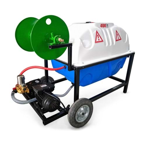 El Arabalı İlaçlama Makinesi – 400 L Polyester Depo / FN 30 Pompa / 2,2 kW Elektrik / Akuple / Makaralı