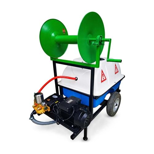 El Arabalı İlaçlama Makinesi – 200 L Polyester Depo / FN 30 Pompa / 2,2 kW Elektrik / Akuple / Makaralı